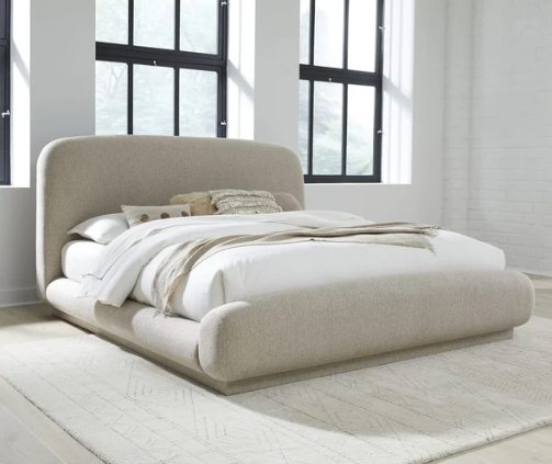 Modern Curved Chenille Upholstered Platform Bed in Hyena Brown