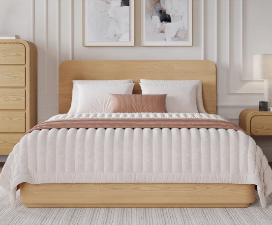 Modern Minimalist Ash Wood Platform Bed with Rounded Corners