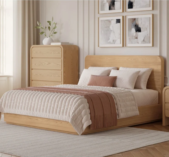 Modern Minimalist Ash Wood Platform Bed with Rounded Corners