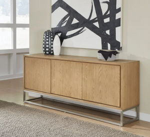Fully Assembled 70" White Oak Sideboard with Brushed Stainless Steel Base