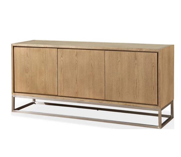 Fully Assembled 70" White Oak Sideboard with Brushed Stainless Steel Base
