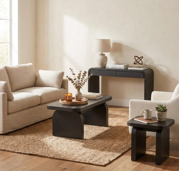 Japandi Minimalist Slab Base Coffee Table | Jet Black Rounded Edges