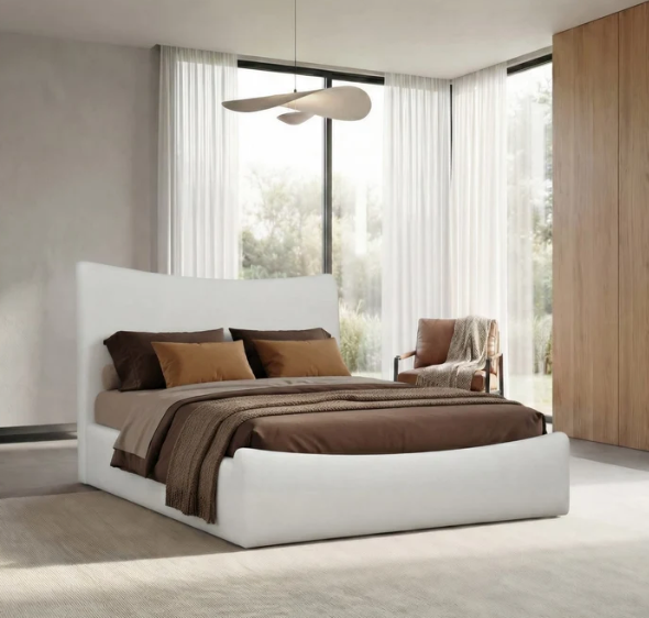 Organic Modern Fabric Platform Bed with Sweeping Headboard