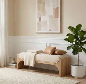 Solid Wood Entryway Bench in Honey Oak | Beige Chenille Upholstered Seat