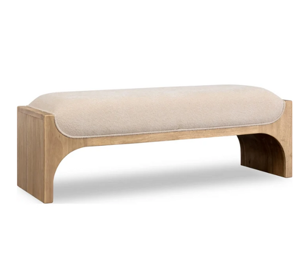 Solid Wood Entryway Bench in Honey Oak | Beige Chenille Upholstered Seat