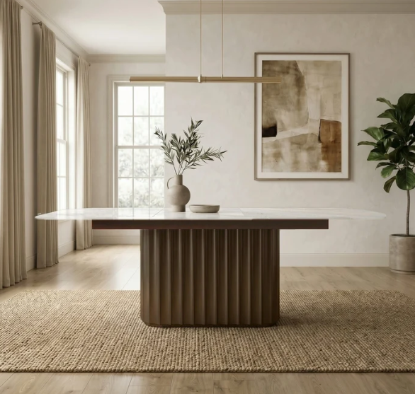 Modern Extendable Pedestal Dining Table | Self-Storing Leaf & Sintered Stone