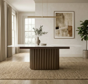Modern Extendable Pedestal Dining Table | Self-Storing Leaf & Sintered Stone