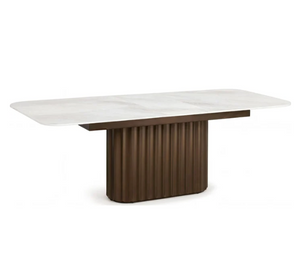 Modern Extendable Pedestal Dining Table | Self-Storing Leaf & Sintered Stone