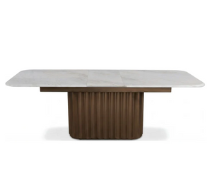 Modern Extendable Pedestal Dining Table | Self-Storing Leaf & Sintered Stone