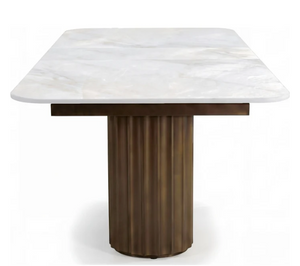 Modern Extendable Pedestal Dining Table | Self-Storing Leaf & Sintered Stone