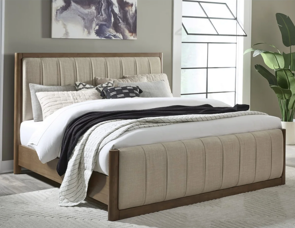 Transitional Elm Wood Bed Frame | Upholstered Headboard & Footboard