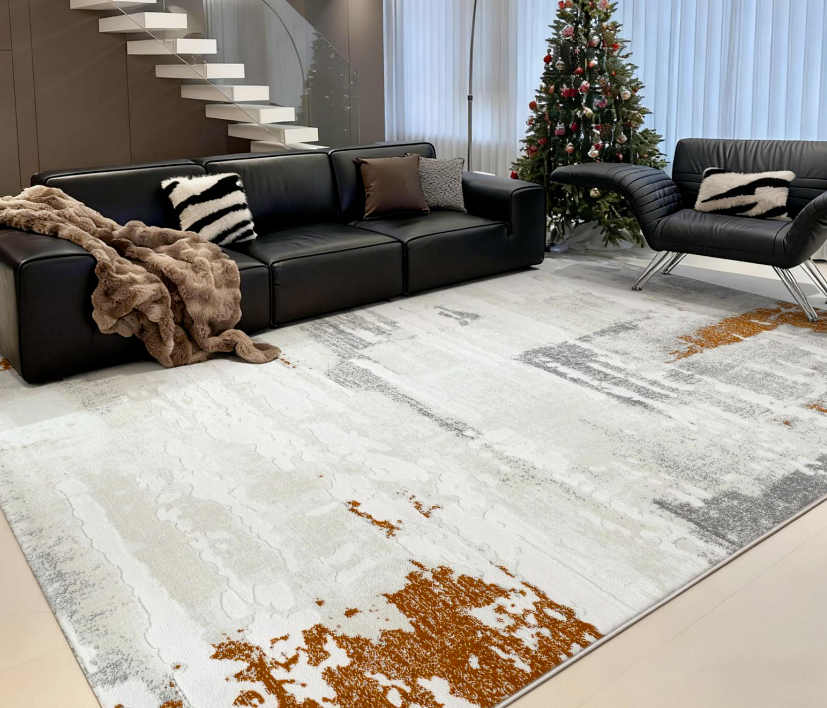 Luxury Abstract Terracotta & Gray Area Rug | High-Low Textured Pile