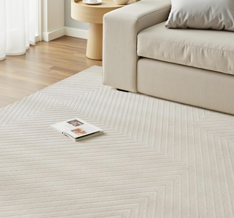 Optical Illusion Linear Pattern Area Rug | Super Soft Cream Woven Carpet
