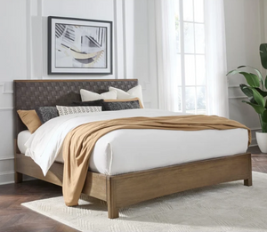 Modern Rustic Basketweave PU Leather Platform Bed | Solid Rubberwood Frame