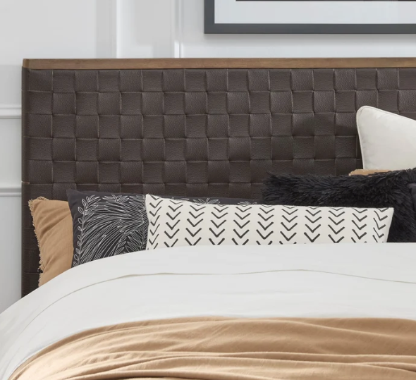 Modern Rustic Basketweave PU Leather Platform Bed | Solid Rubberwood Frame