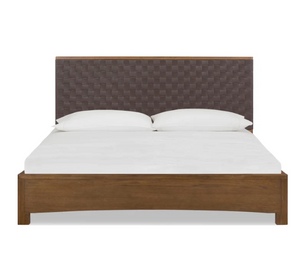 Modern Rustic Basketweave PU Leather Platform Bed | Solid Rubberwood Frame