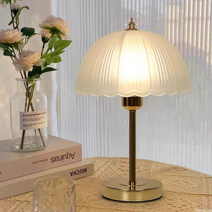 Vintage Mushroom Table Lamp - Ribbed Frosted Glass Shade with Gold Brass Base for Bedside & Living Room