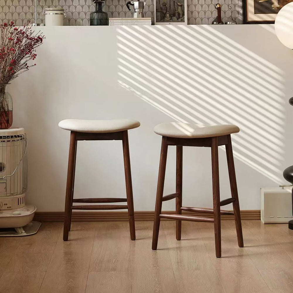 Mid-Century Modern Upholstered Walnut Bar Stool with Contoured Beige Seat