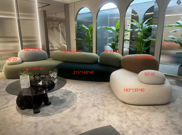 Modern Pebble Modular Sofa – Organic Shaped Bouclé Sectional – Earth Tone Stone-Inspired Living Room Landscape