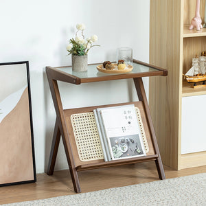 Rattan Nightstand Side Table, Bamboo Accent Bedside Tables, Glass Coffee Tables, Boho End Table with Storage for Small Space Living Room Bedroom, Brown
