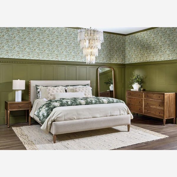 Mid-Century Modern Oatmeal Upholstered Platform Bed with Bobbin Wood Detail