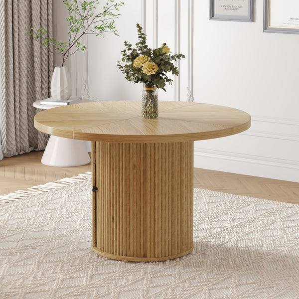 47.2-inch round wooden-style dining table with double-layer storage design and Roman column shape - featuring classic wood grain finish, it creates an eternal and elegant atmosphere for your living