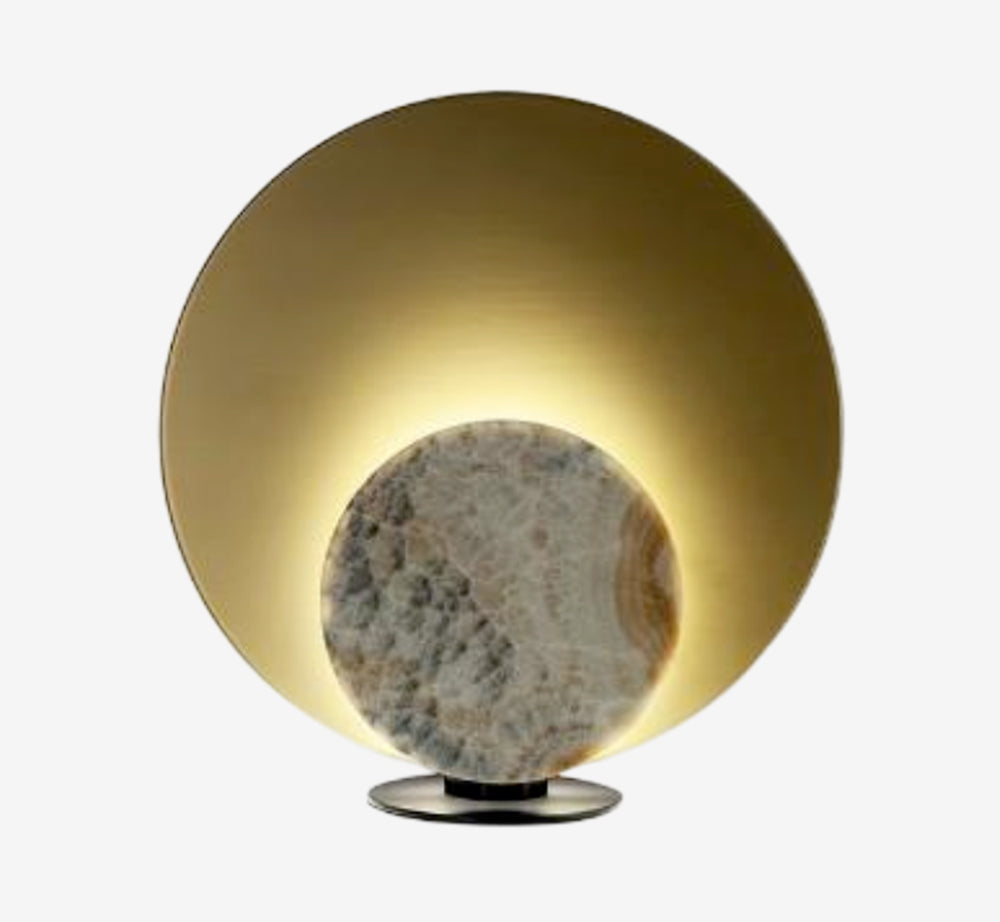 Modern Celestial Stone & Gold Table Lamp – Natural Onyx Eclipse Light – Sculptural Indirect Ambient Lamp