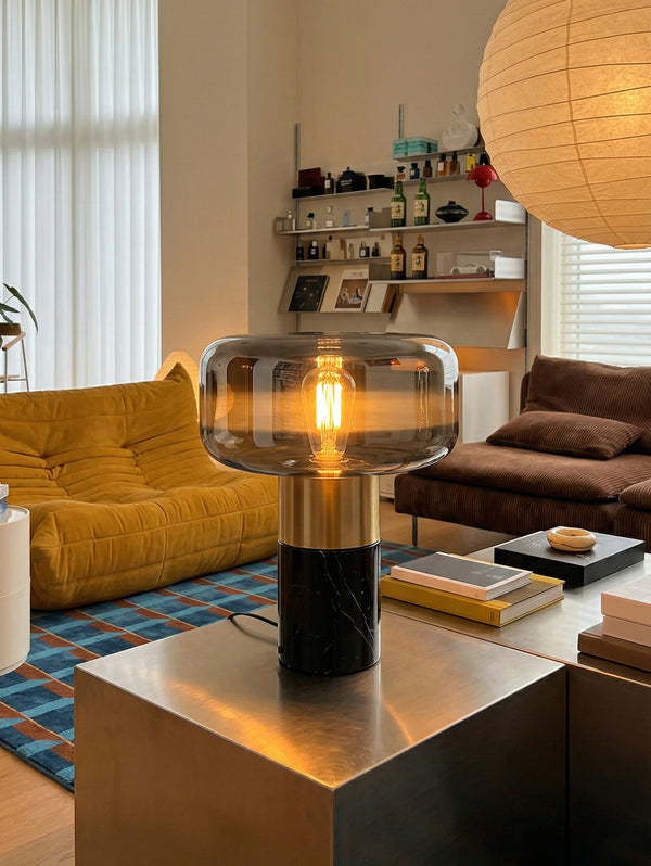 Aurora Smoke Glass Mushroom Lamp with Black Marble Base