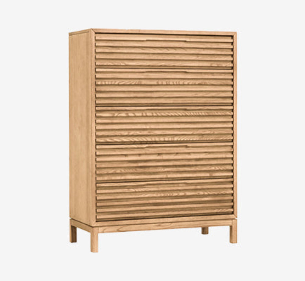 Modern Horizontal Slatted 5-Drawer Highboy | Textured Wood Bedroom Storage Cabinet