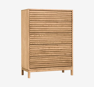 Modern Horizontal Slatted 5-Drawer Highboy | Textured Wood Bedroom Storage Cabinet