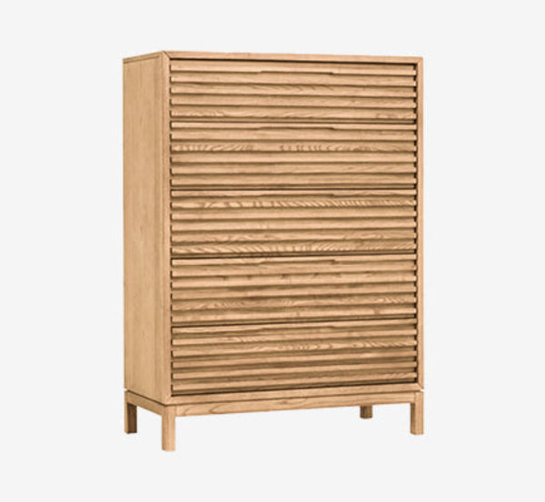 Modern Horizontal Slatted 5-Drawer Highboy | Textured Wood Bedroom Storage Cabinet