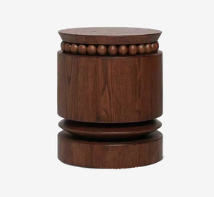 Modern Solid Wood Cylindrical Side Table with Beaded Accent - Dark Walnut Pedestal End Table - Sculptural Timber Stool for Living Room & Bedroom