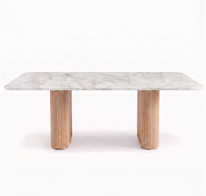 Modern Organic Marble & Slatted Wood Dining Table