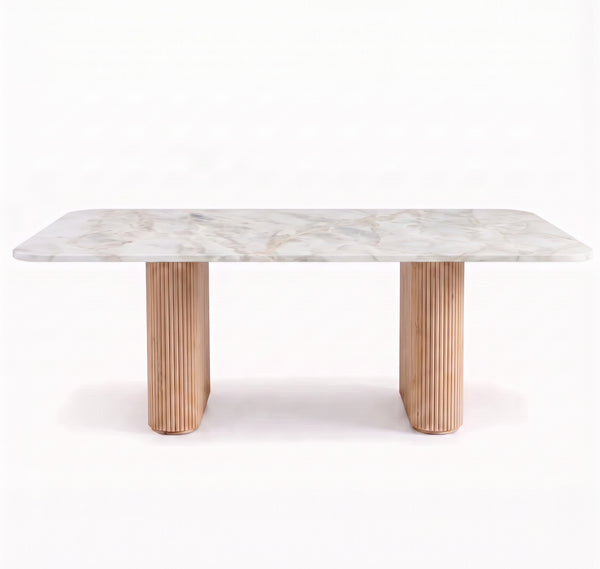 Modern Organic Marble & Slatted Wood Dining Table