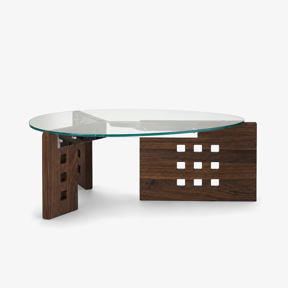 Modern Architectural Walnut Coffee Table with Triangle Tempered Glass Top & Geometric Cutout Base