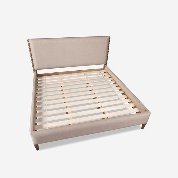 Mid-Century Modern Oatmeal Upholstered Platform Bed with Bobbin Wood Detail