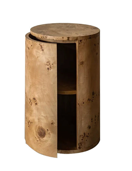 Contemporary Organic Burl Wood Cylinder End Table - Hidden Storage Pedestal Cabinet - Postmodern Curved Door Nightstand