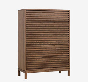 Modern Horizontal Slatted 5-Drawer Highboy | Textured Wood Bedroom Storage Cabinet