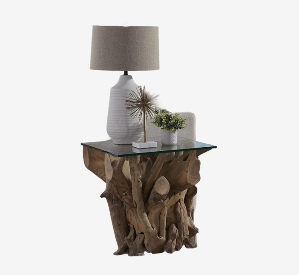 Handcrafted Teak Root Side Table with Clear Tempered Glass Top - One-of-a-Kind Natural Wood End Table