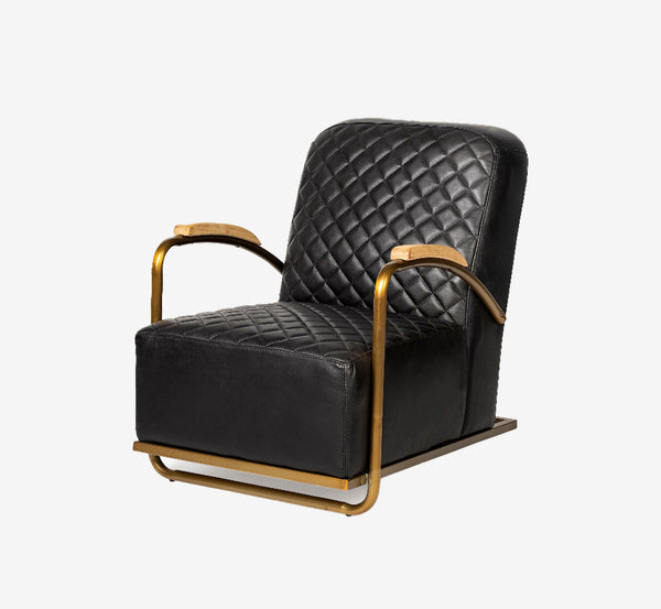 Art Deco Black Leather & Gold Iron Armchair | Diamond Tufted Club Chair
