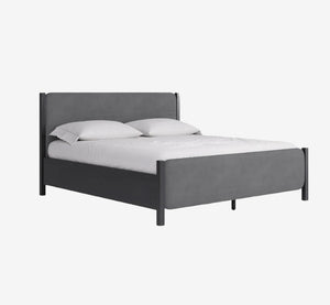 Modern Charcoal Velvet Panel Bed with Jet Black Solid Mahogany Frame
