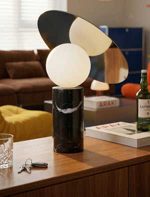 Modern Marble Table Lamp with Glass Globe and Metal Disc Reflector - Mid-Century Designer Desk Light