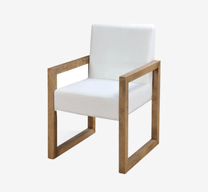 Modern Solid Wood Dining Armchair with White Linen Upholstery