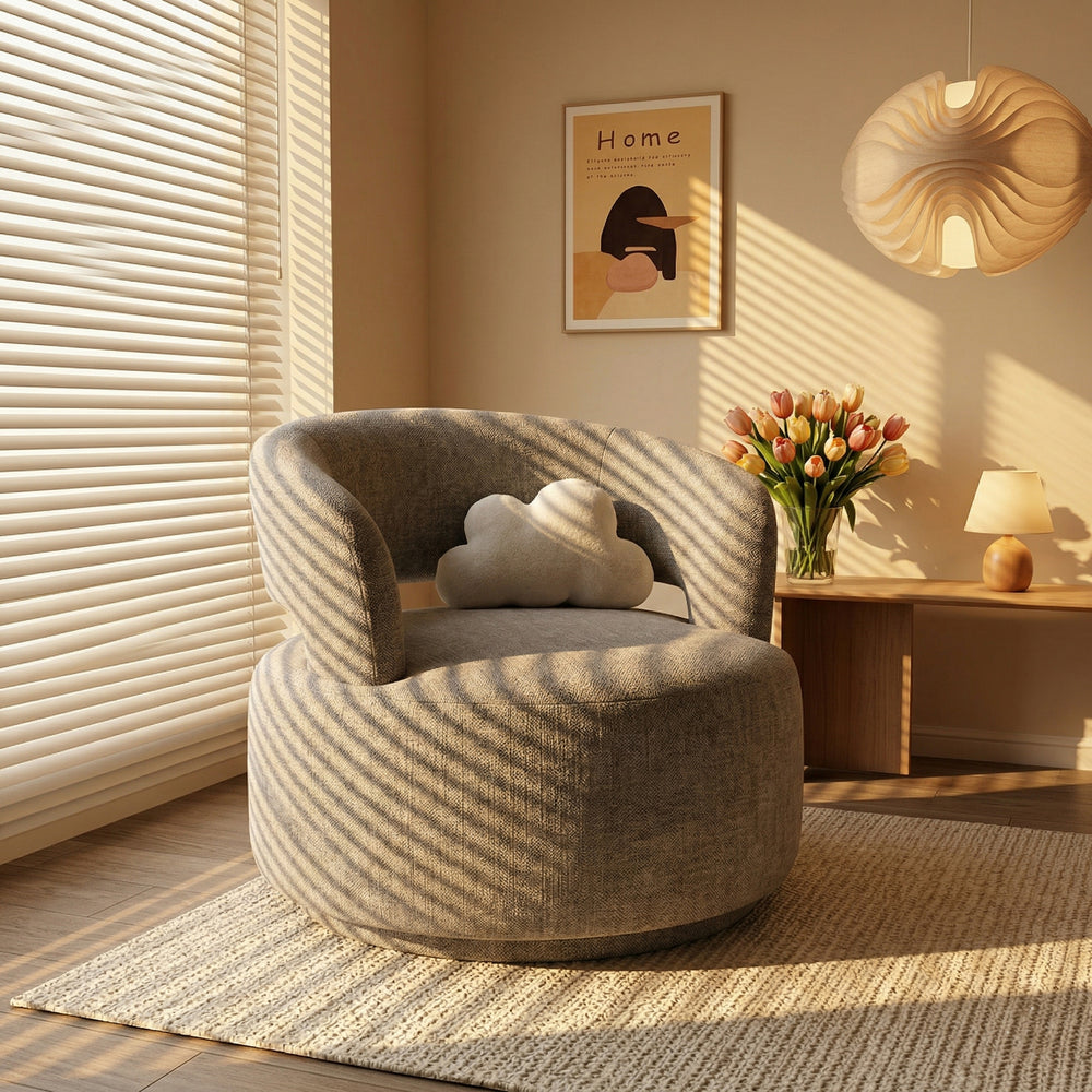 Modern Round Swivel Barrel Chair - Textured Woven Accent Chair with Cut-Out Back in Taupe