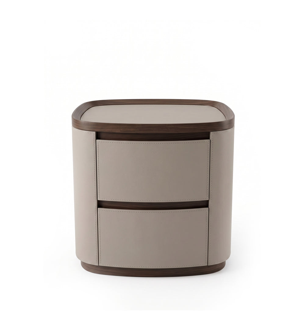 Modern Curved Walnut Nightstand with Saddle Leather & Soft-Close Drawers