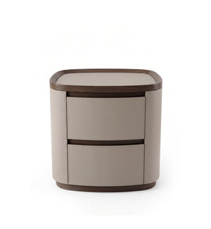 Modern Curved Walnut Nightstand with Saddle Leather & Soft-Close Drawers