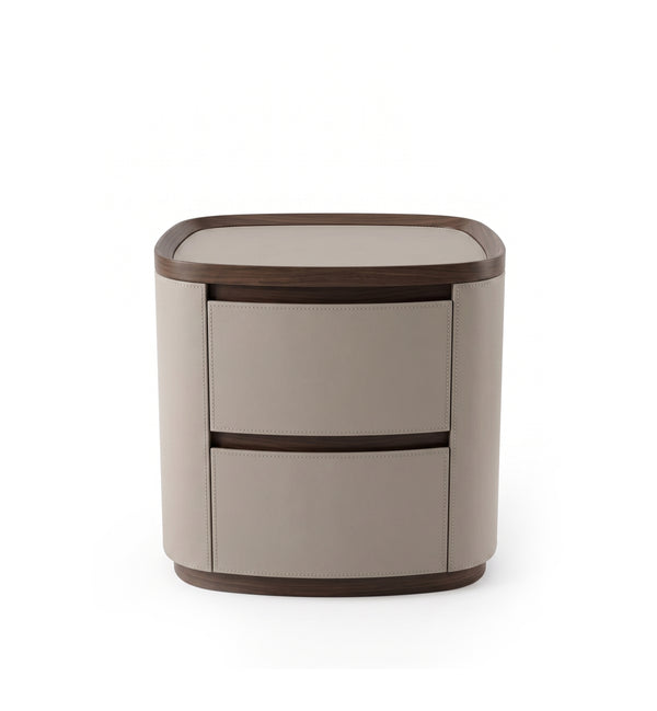 Modern Curved Walnut Nightstand with Saddle Leather & Soft-Close Drawers