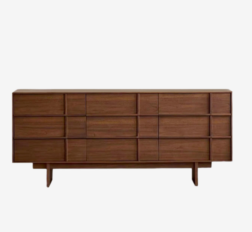 Architectural Walnut 6-Drawer Dresser with Grid-Paneled Front – Mid-Century Modern Credenza