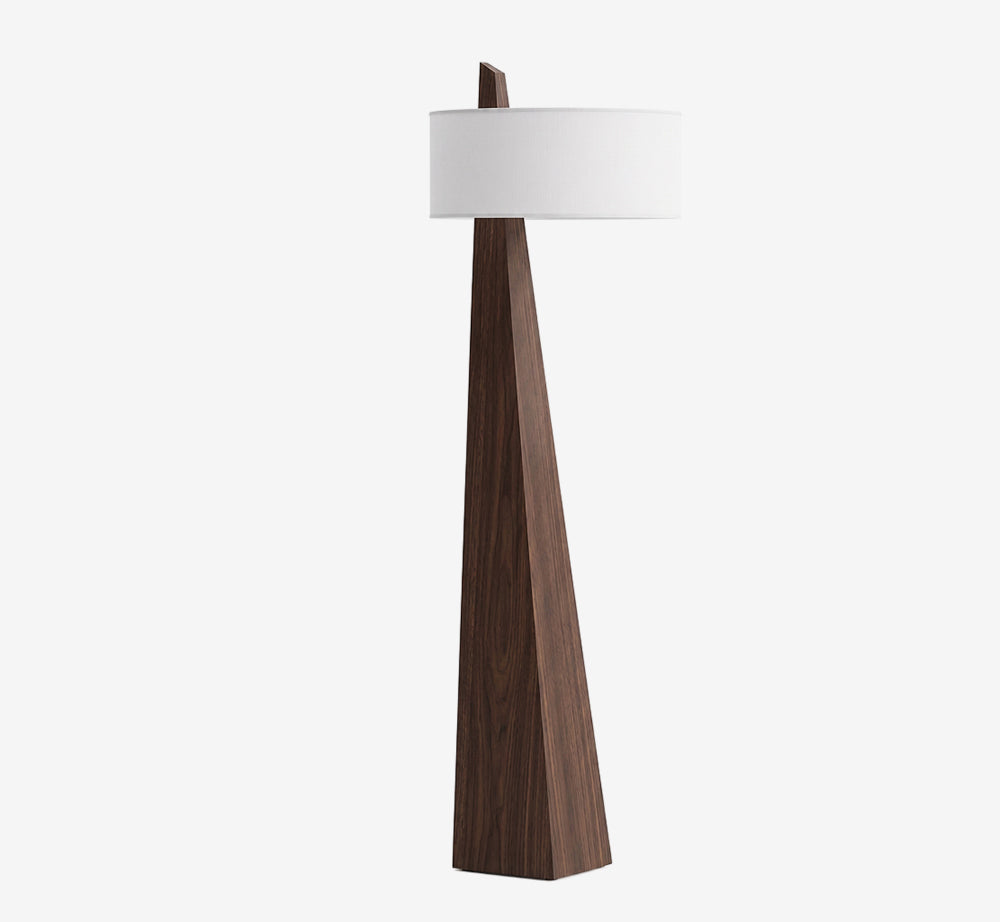Mid-Century Modern Walnut Floor Lamp – Tapered Wood Pedestal Standing Lamp with White Drum Shade