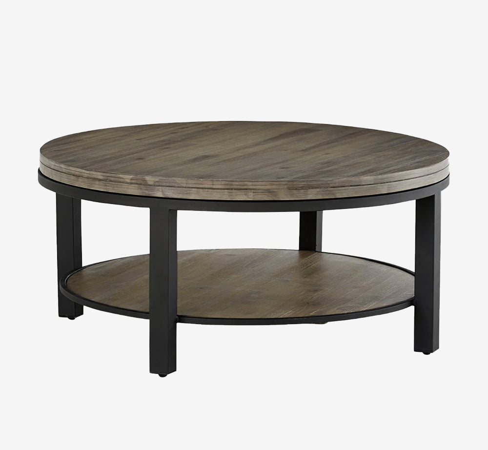 Modern Industrial Round 2-Tier Coffee Table with Rustic Wood Top and Black Metal Frame